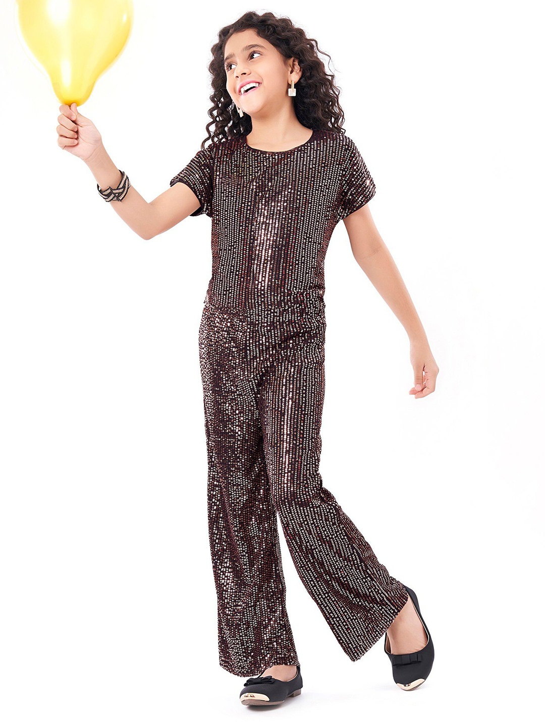 

Hola Bonita Girls Embellished Round Neck Short Sleeves Top With Trouser, Black