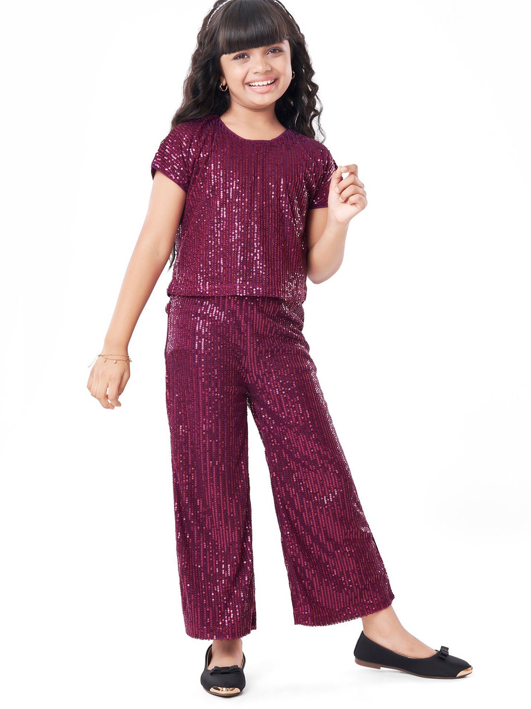 

Hola Bonita Girls Embellished Round Neck Short Sleeves Top With Trouser, Burgundy