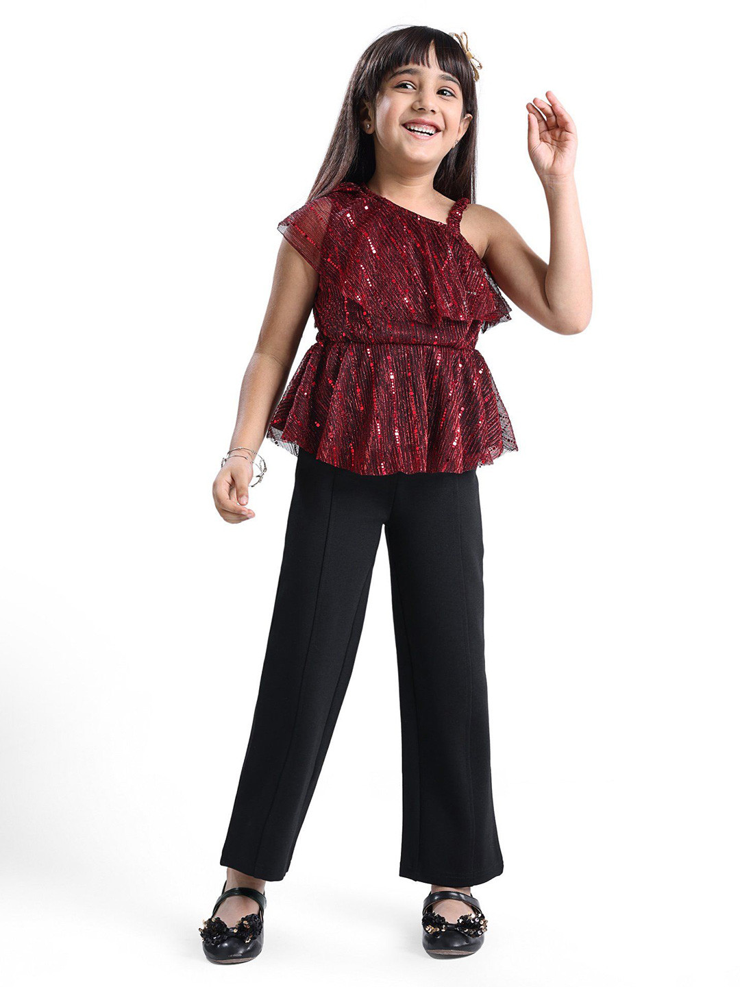 

Hola Bonita Girls Embellished One Shoulder Neck Short Sleeves Top With Trouser, Red