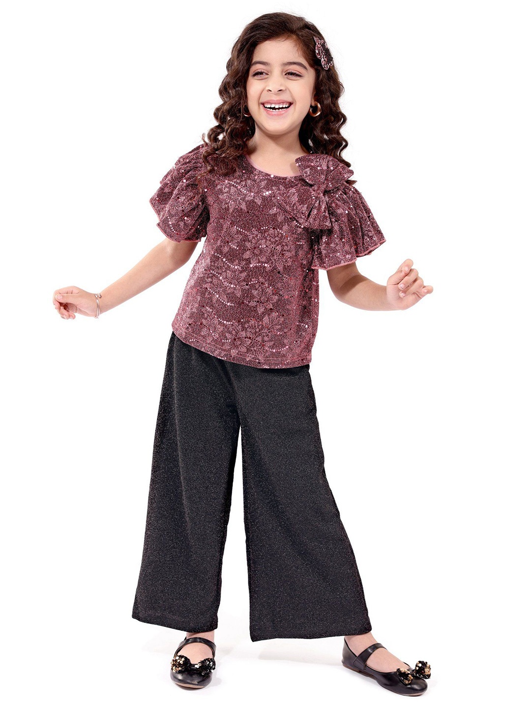 

Hola Bonita Girls Embellished Round Neck Short Sleeves Top With Trouser, Copper