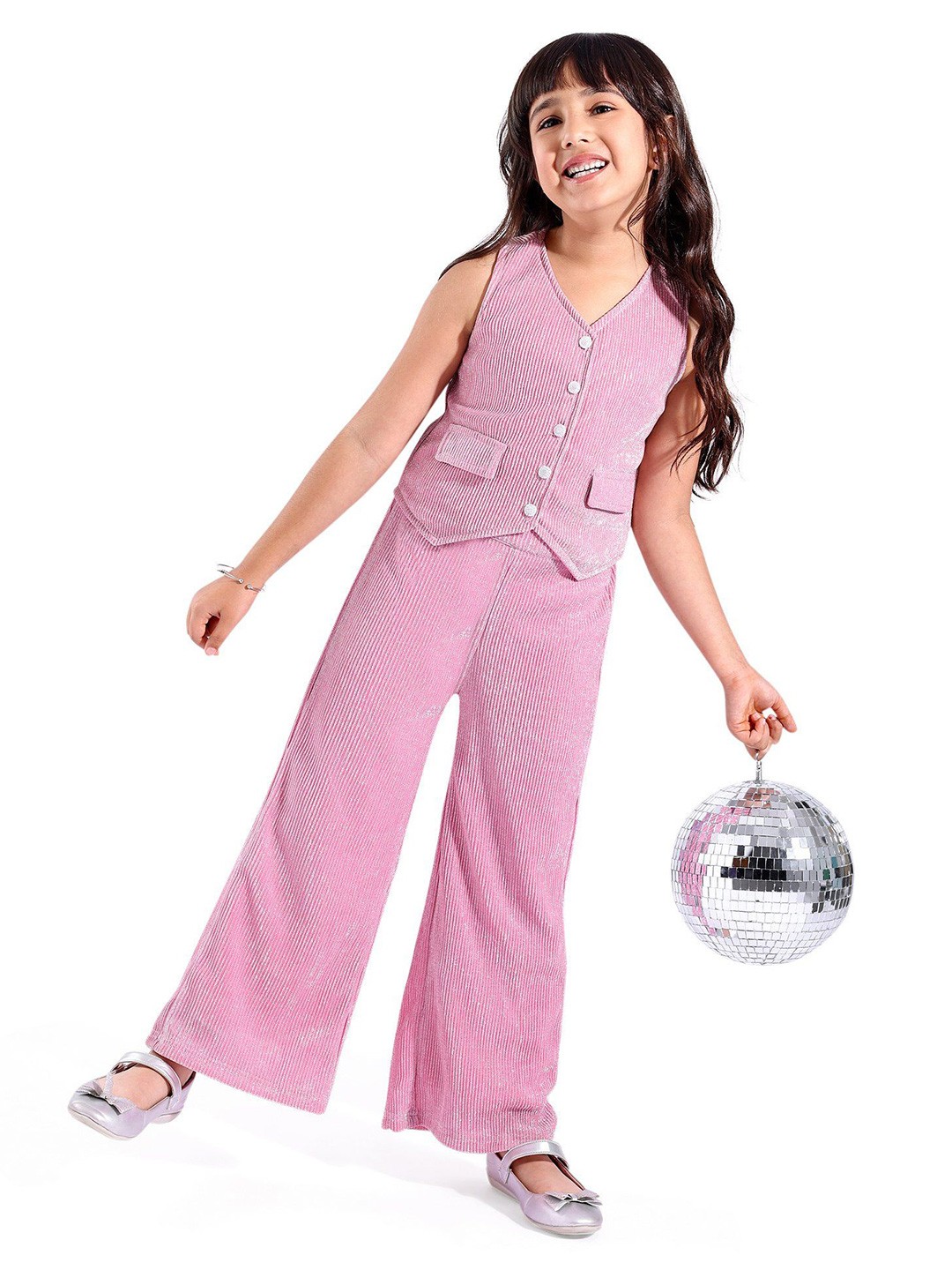 

Hola Bonita Girls Embellished V-Neck Sleeveless Waistcoat With Trouser, Pink