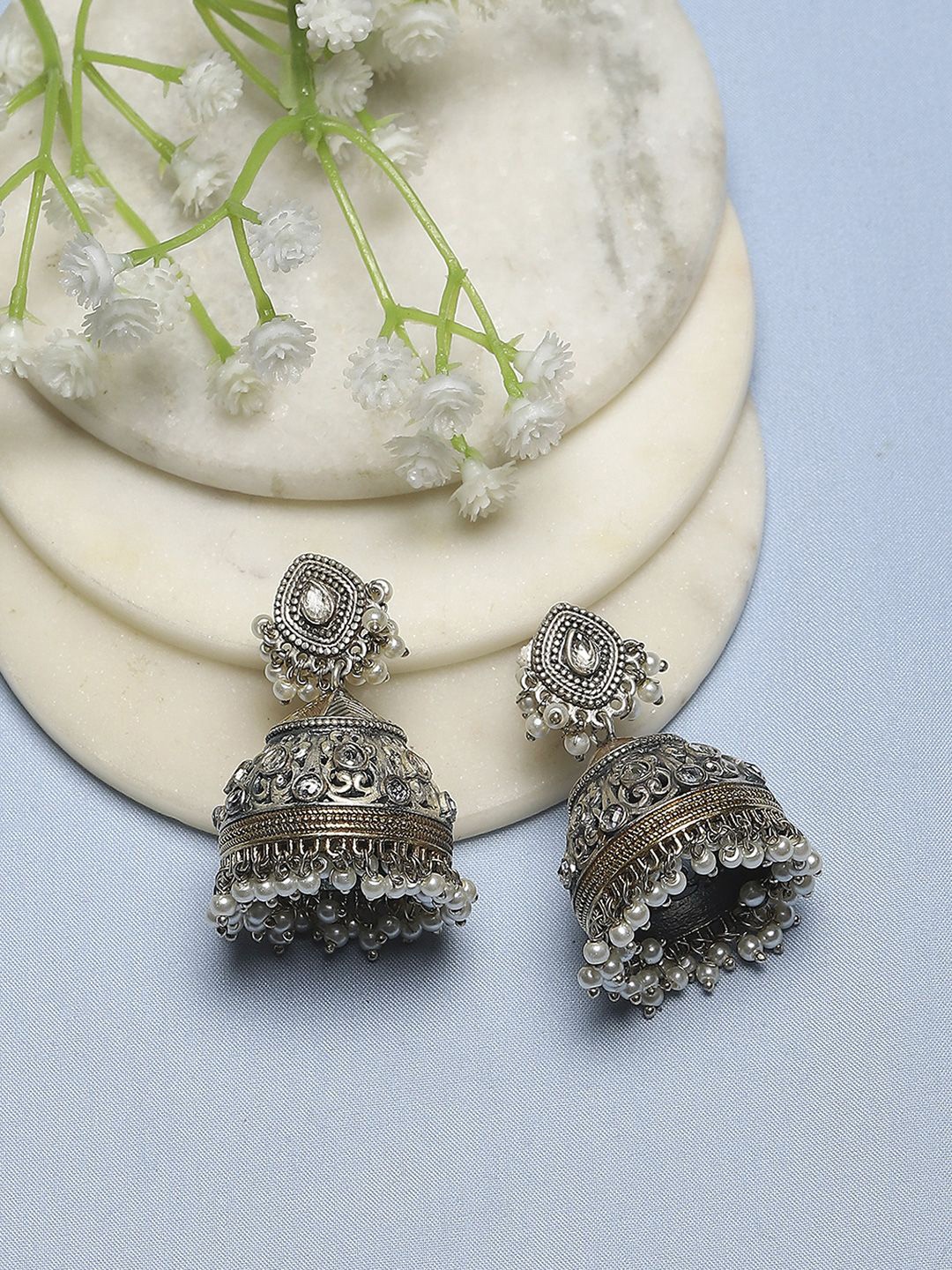 

Biba Silver-Plated Dome Shaped Stone Studded & Beaded Jhumkas