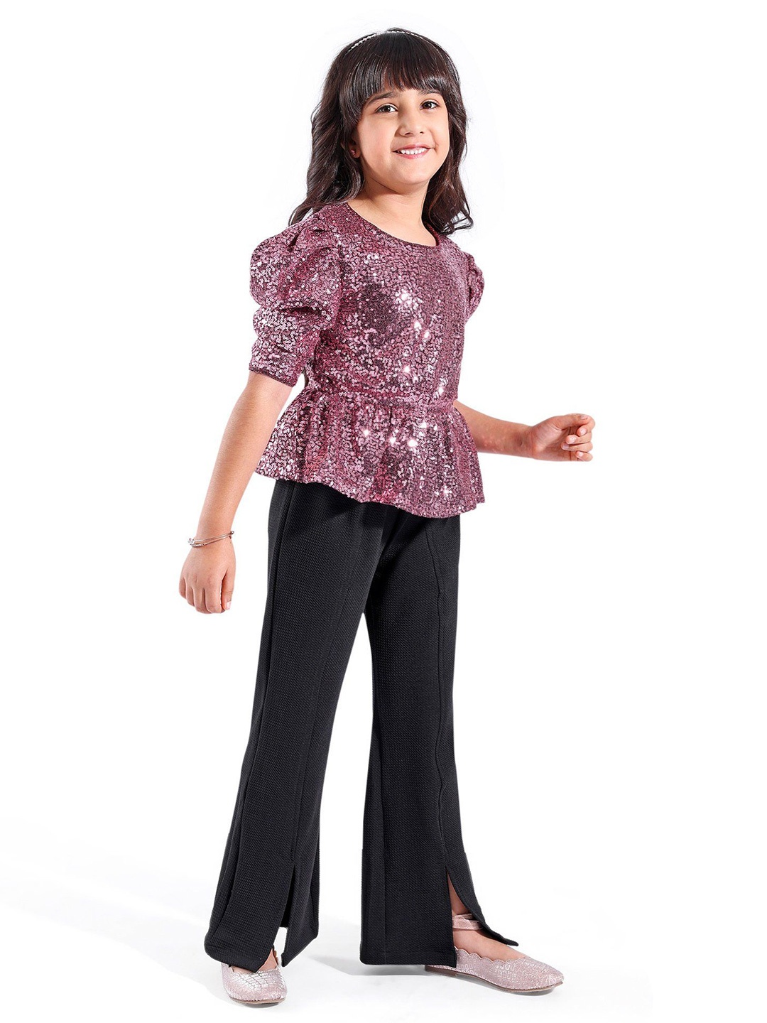 

Hola Bonita Girls Embellished Round Neck Short Sleeves Top With Trouser, Pink