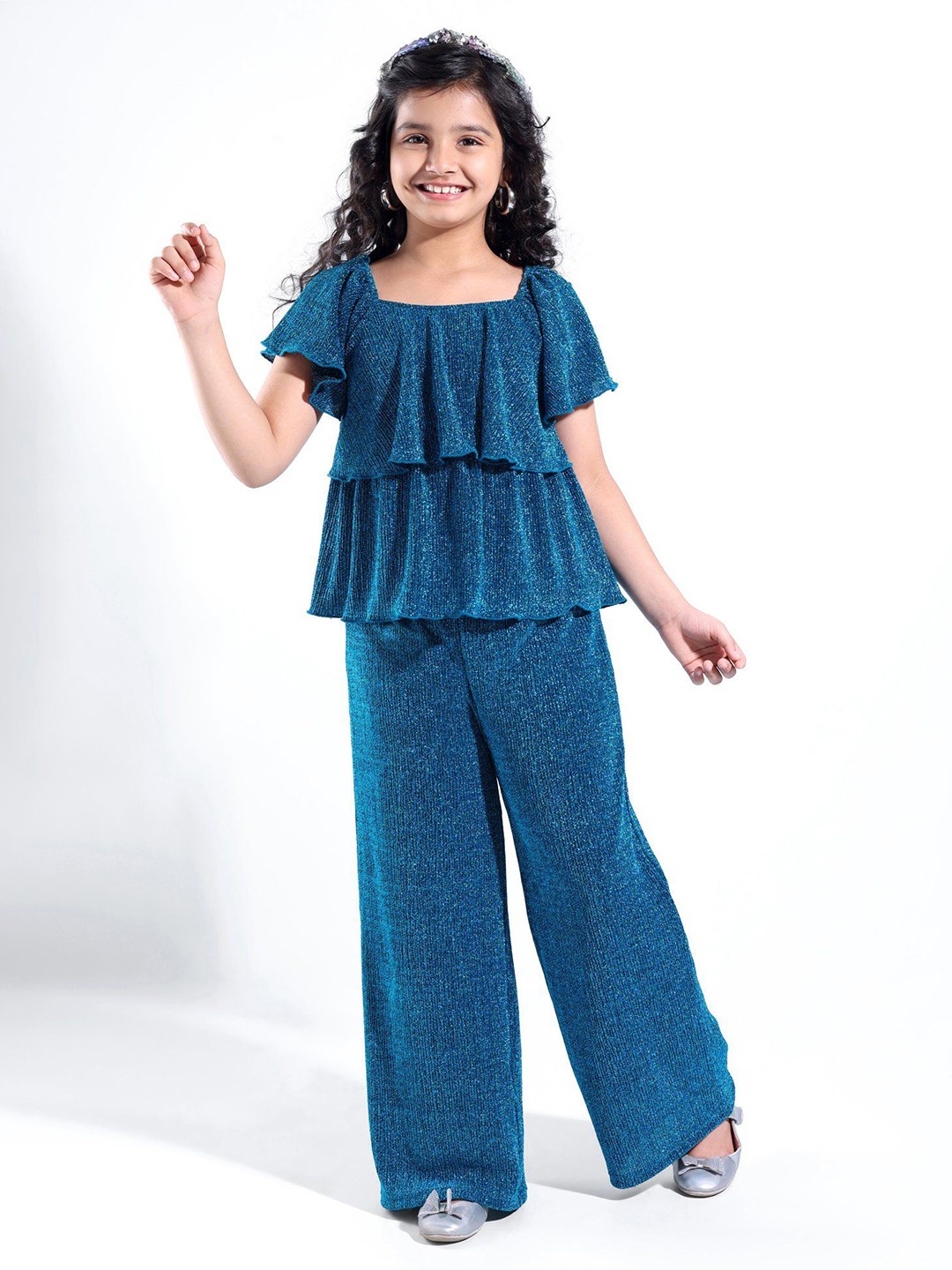 

Hola Bonita Girls Embellished Square Neck Short Sleeves Top With Trouser, Blue