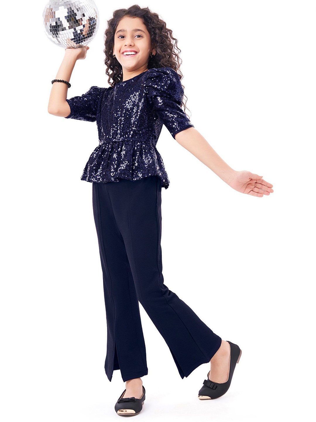 

Hola Bonita Girls Embellished Round Neck Short Sleeves Top With Trouser, Navy blue