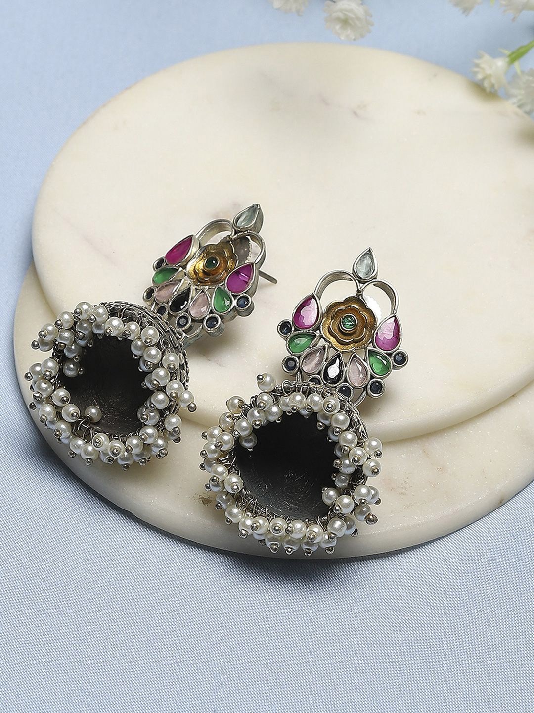 

Biba Silver-Plated Dome Shaped Stone Studded & Beaded Jhumkas