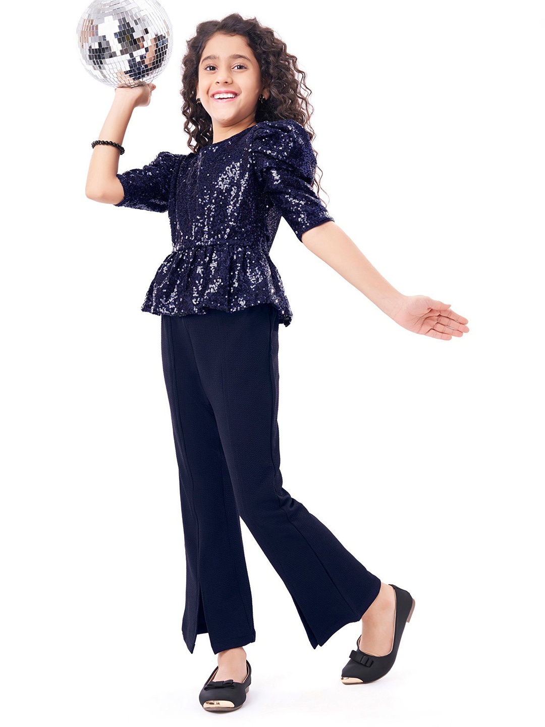 

Hola Bonita Girls Embellished Round Neck Short Sleeves Top With Trouser, Navy blue