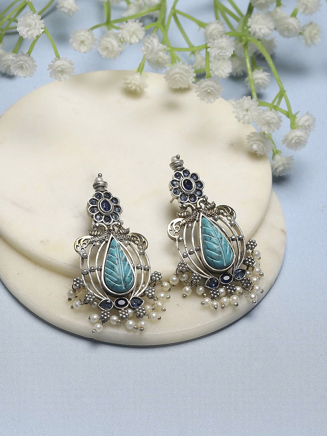 

Biba Silver-Plated Contemporary Stone Studded & Beaded Drop Earrings