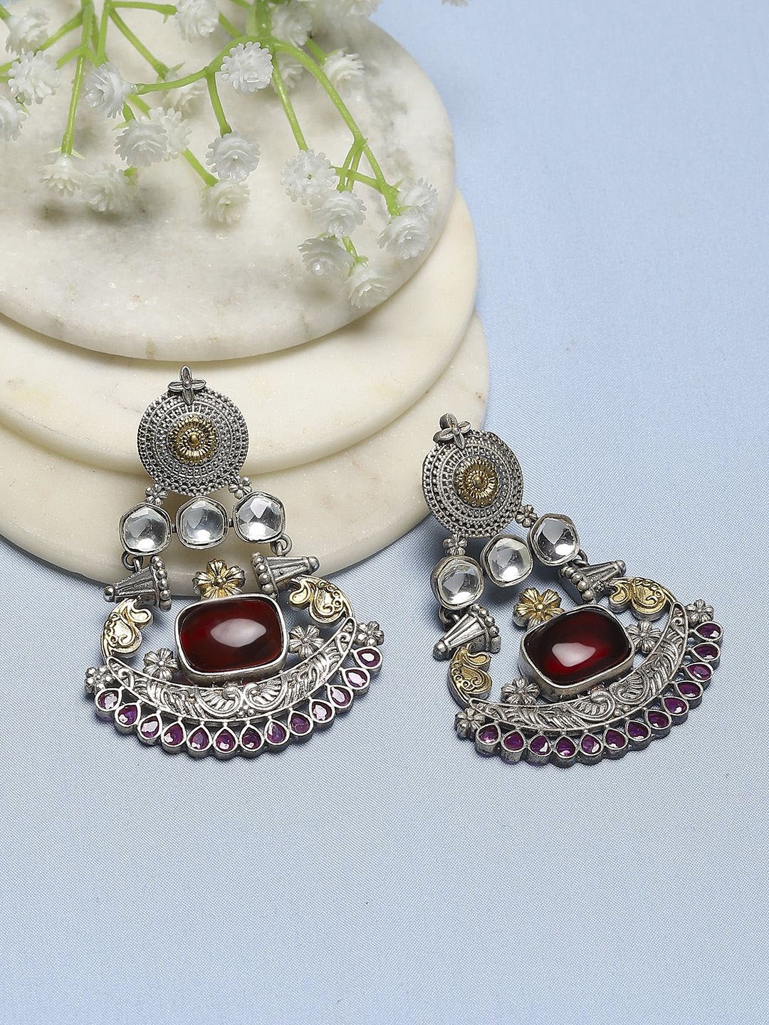 

Biba Silver-Plated Contemporary Stone Studded & Beaded Drop Earrings