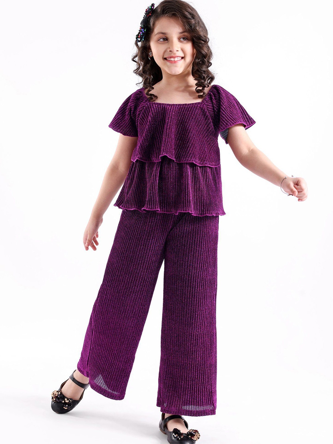 

Hola Bonita Girls Embellished Square Neck Short Sleeves Top With Trouser, Purple
