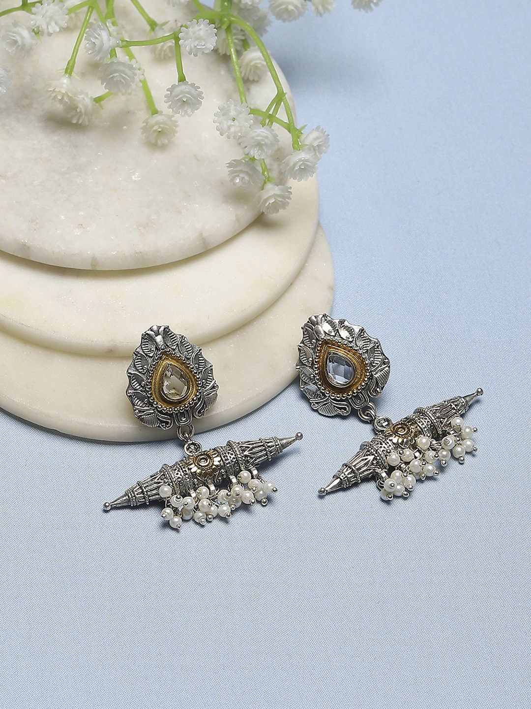 

Biba Silver-Plated Contemporary Stone Studded & Beaded Oxidised Drop Earrings