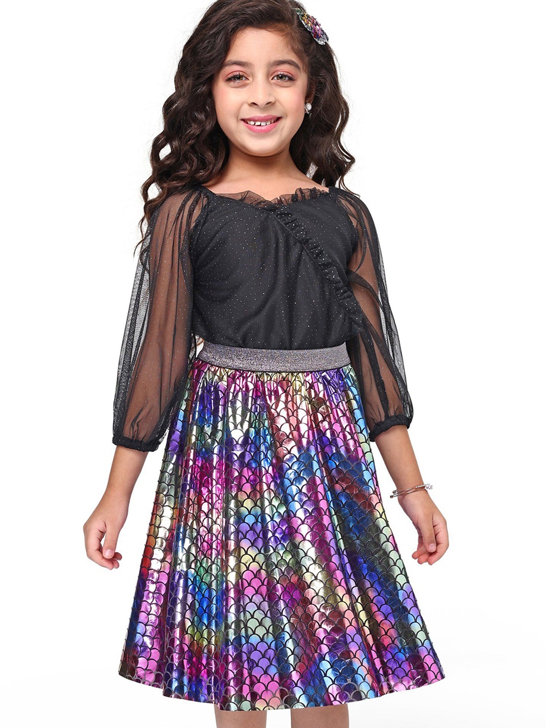 

Hola Bonita Girls Embellished V-Neck Three-Quarter Sleeves Top With Skirt, Black