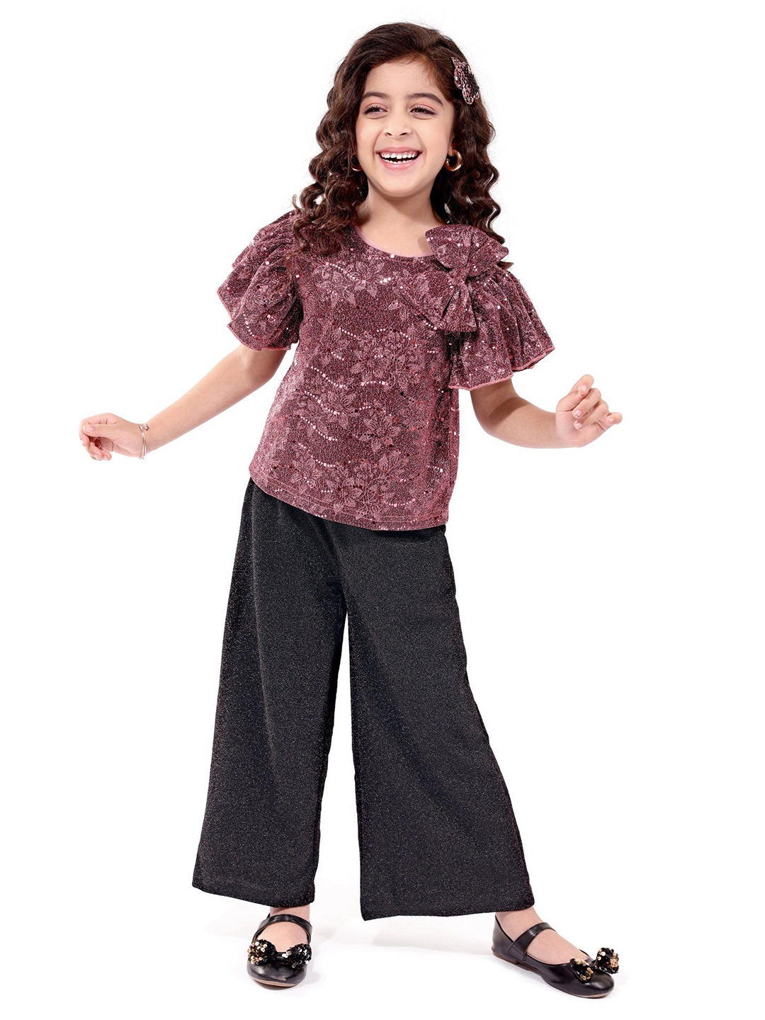 

Hola Bonita Girls Embellished Round Neck Short Sleeves Top With Trouser, Copper