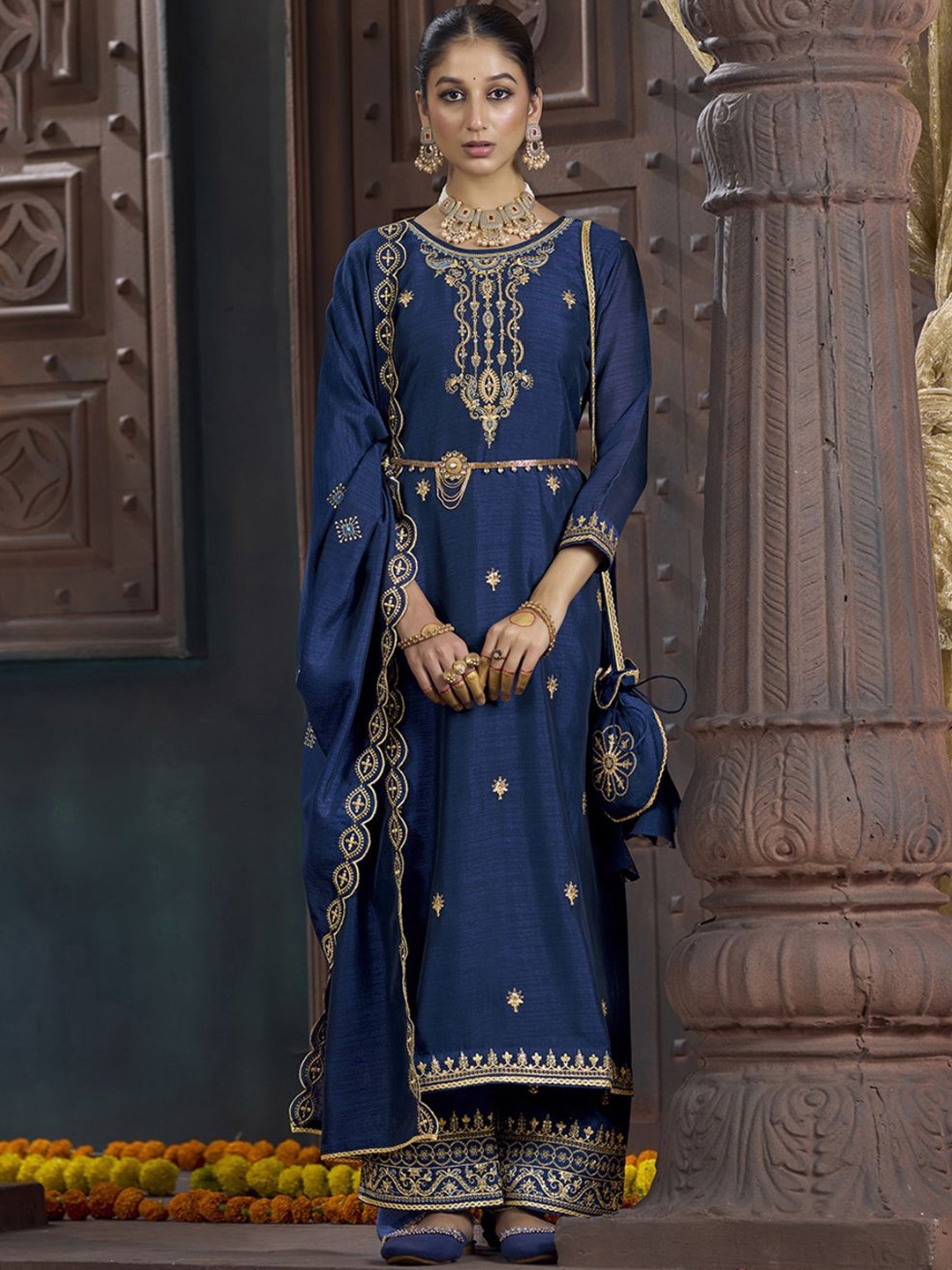 

Kvsfab Ethnic Motifs Embroidered Regular Sequinned Kurta With Palazzo & Dupatta, Blue