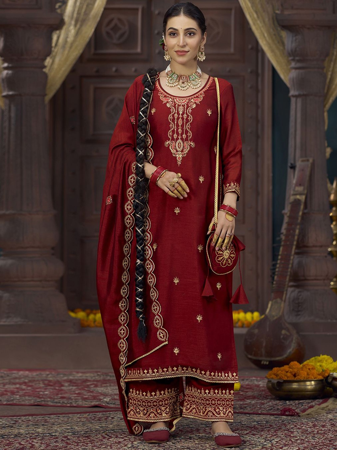 

Kvsfab Ethnic Motifs Embroidered Regular Sequinned Kurta With Palazzo & Dupatta, Maroon