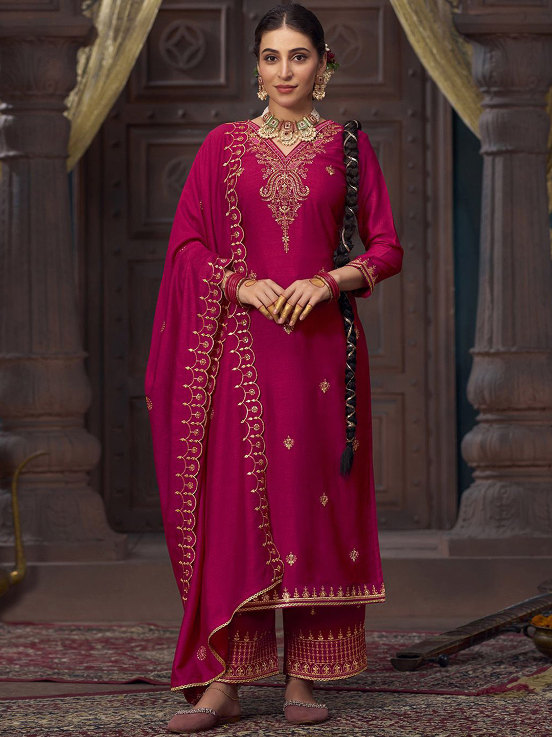 

KVSFAB Floral Embroidered Sequinned Straight V-Neck Kurta With Palazzo And Dupatta, Pink