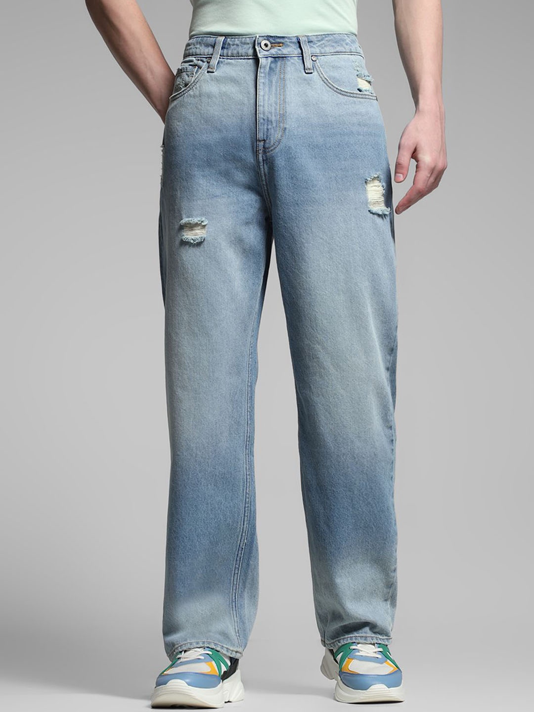 

Jack & Jones Men Wide Leg High-Rise Highly Distressed Pure Cotton Heavy Fade Jeans, Blue