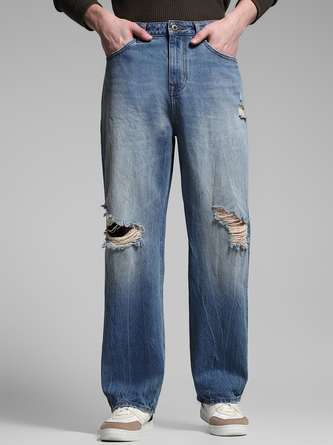

Jack & Jones Men Cotton Wide Leg High-Rise Highly Distressed Heavy Fade Jeans, Blue