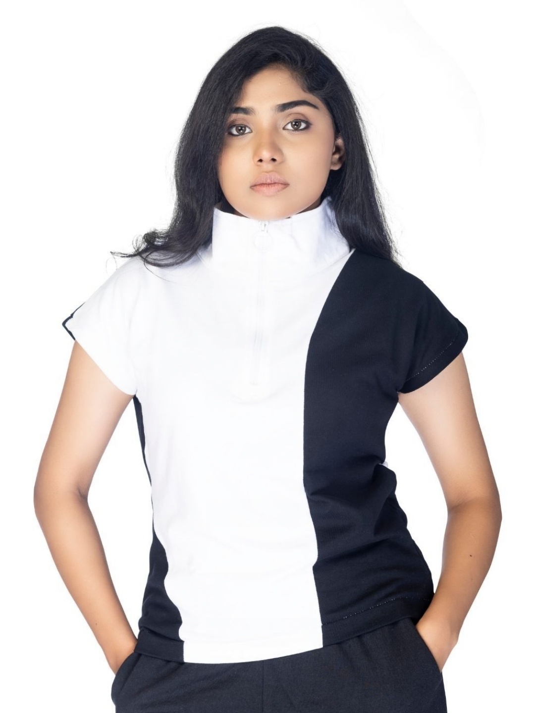 

stichstory Women Colourblocked Turtle Neck Cotton T-shirt, Black