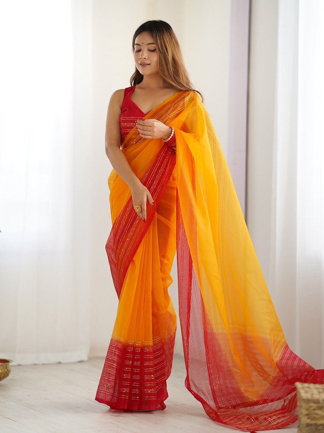 

Ethnic Yard Embellished Organza Saree, Yellow