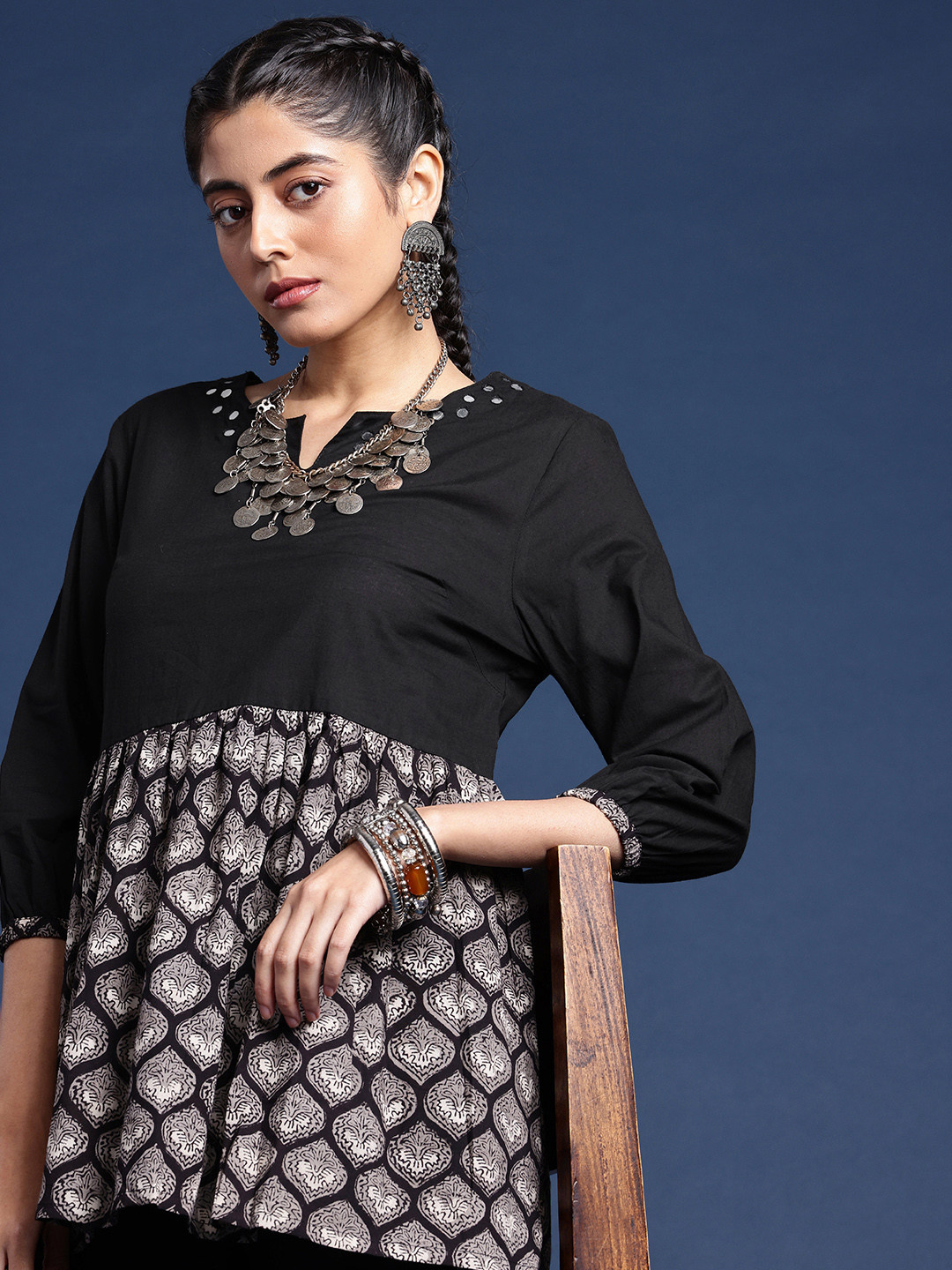 

Taavi Ethnic Motifs Printed Print Legacy Pure Cotton Top, Black