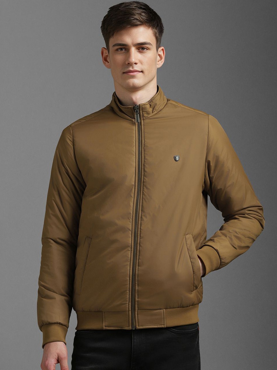 

Louis Philippe Men Mock Collar Solid Casual Bomber Jacket, Brown