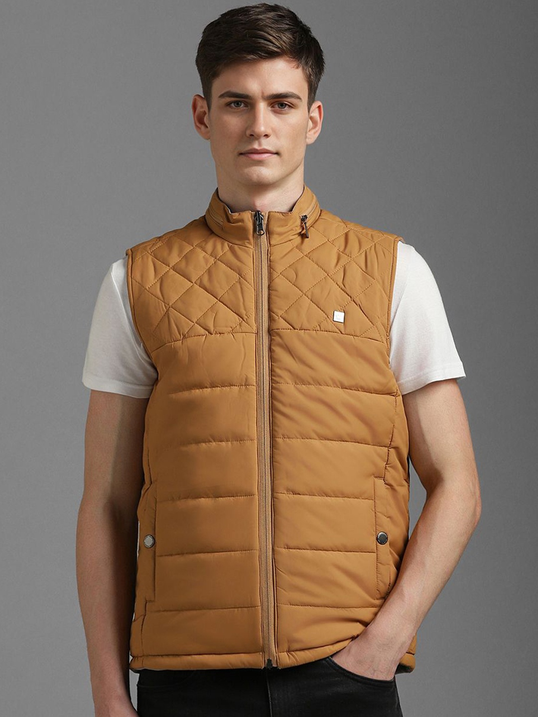 

Louis Philippe Men Mock Collar Solid Cotton Casual Gilet Jacket, Mustard