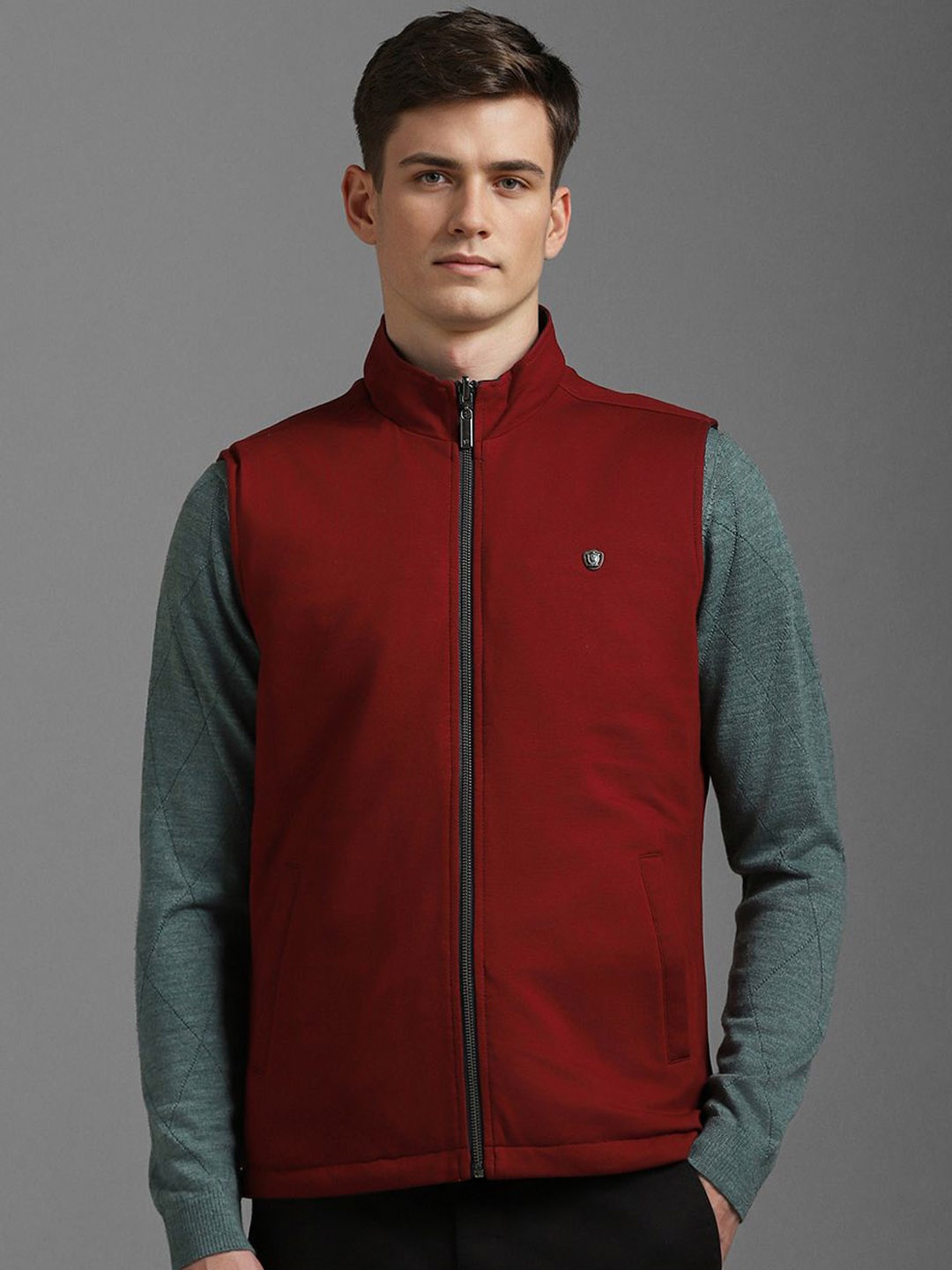 

Louis Philippe Men Mock Collar Solid Casual Gilet Jacket, Maroon