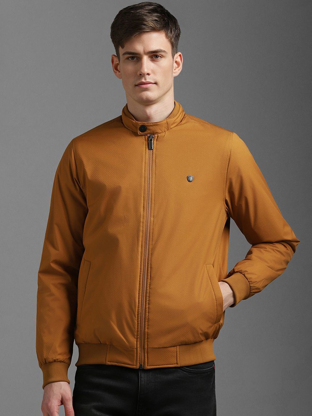 

Louis Philippe Men Mandarin Collar Self Design Casual Bomber Jacket, Mustard