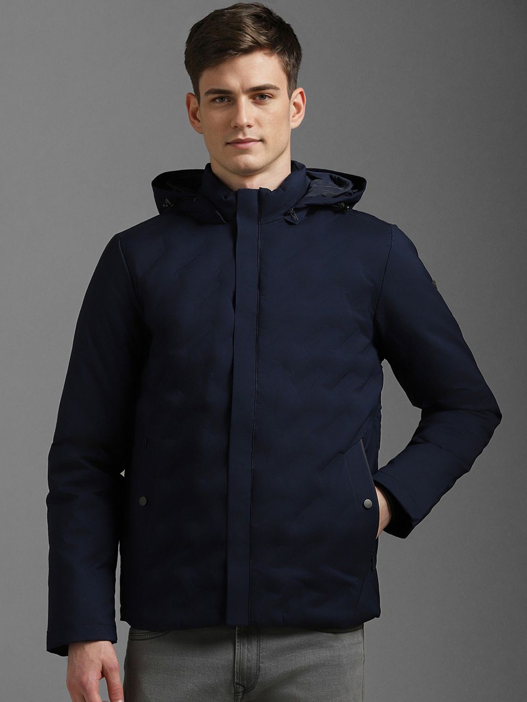 

Louis Philippe Men Hooded Solid Casual Padded Jacket, Navy blue