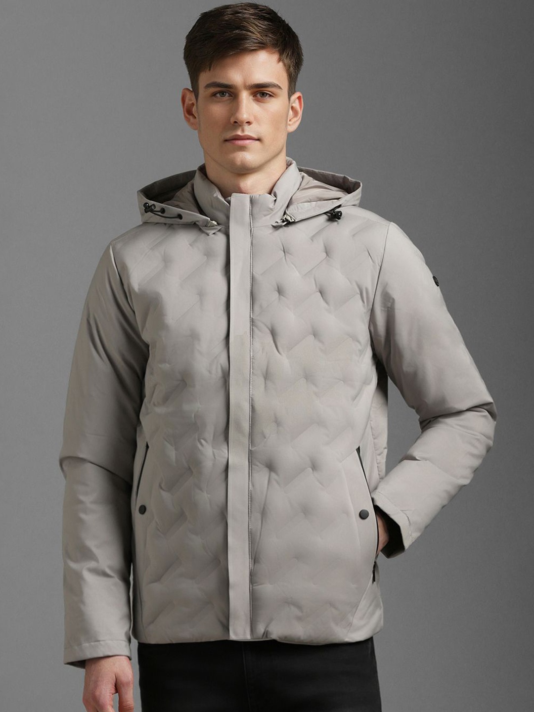 

Louis Philippe Men Hooded Solid Casual Padded Jacket, Grey