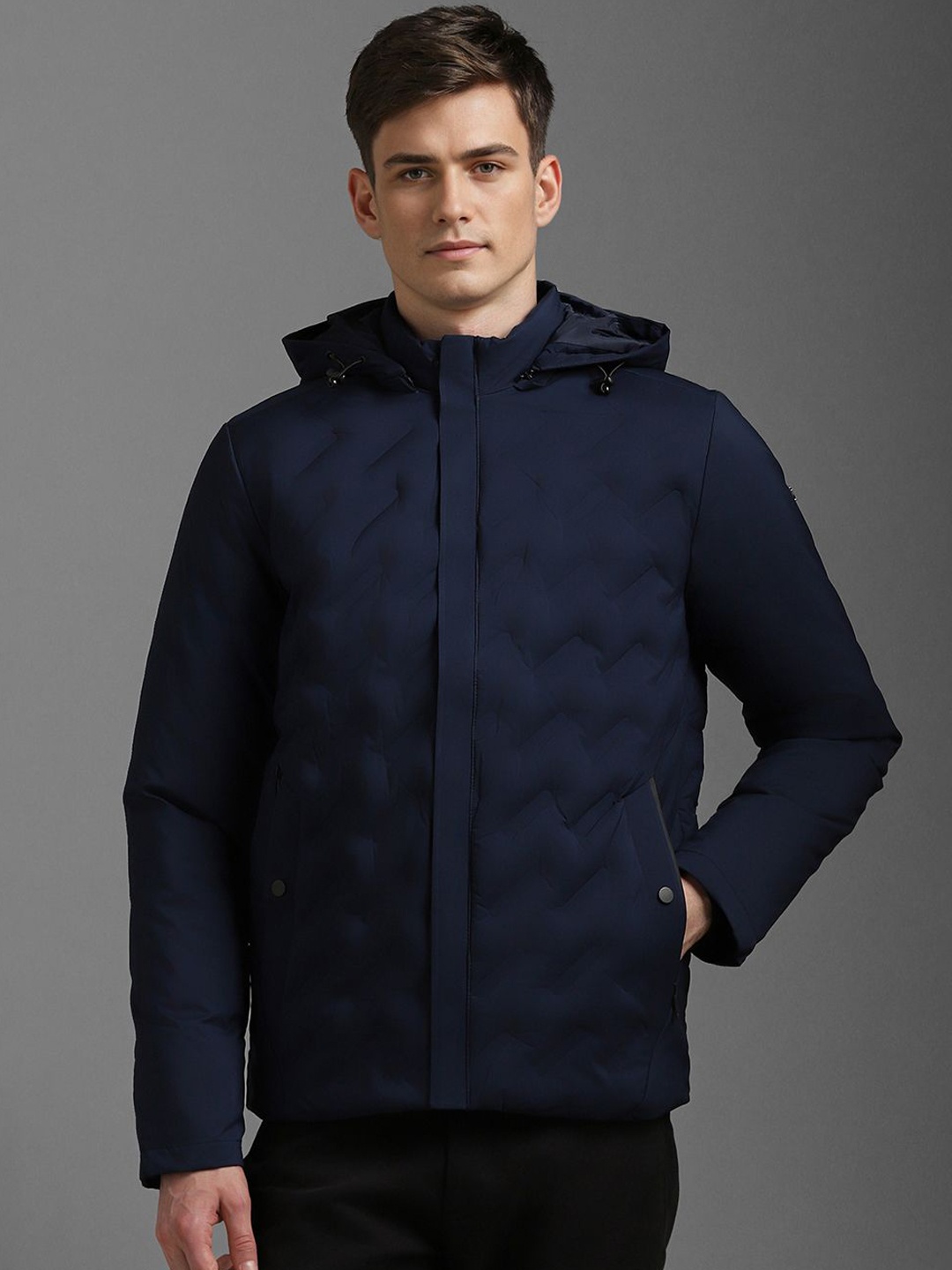 

Louis Philippe Men Hooded Solid Casual Padded Jacket, Navy blue