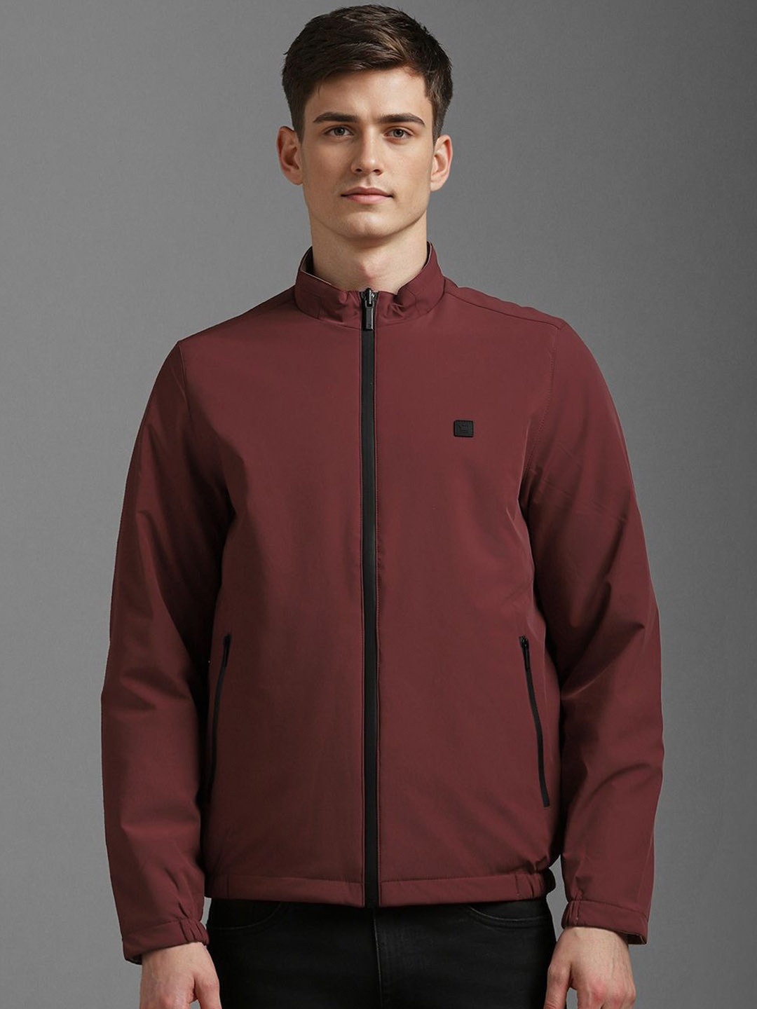 

Louis Philippe Men Mock Collar Solid Cotton Casual Bomber Jacket, Maroon