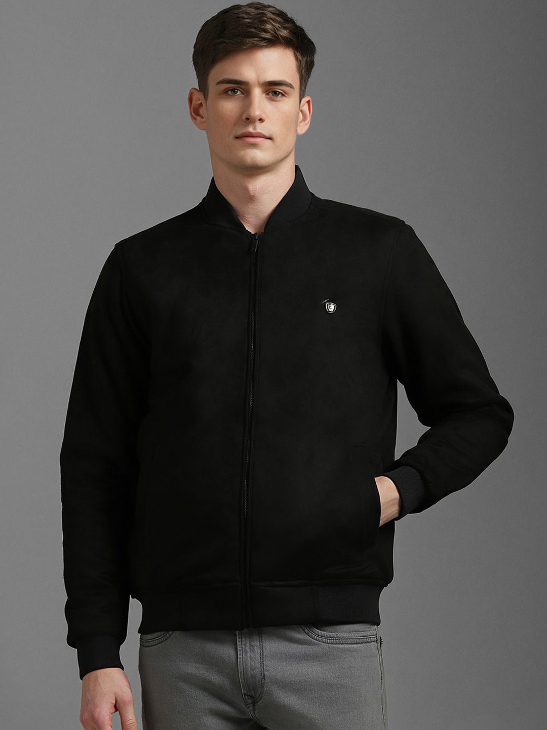 

Louis Philippe Men Stand Collar Solid Casual Bomber Jacket, Black