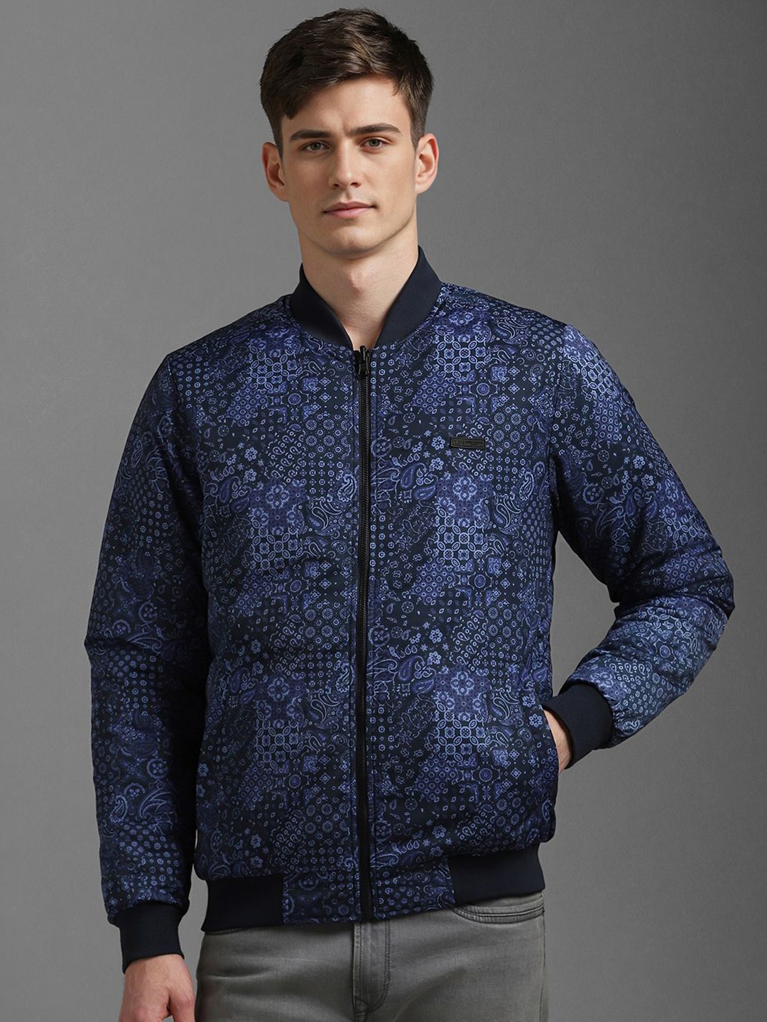 

Louis Philippe Jeans Men Stand Collar Floral Printed Casual Bomber Jacket, Navy blue