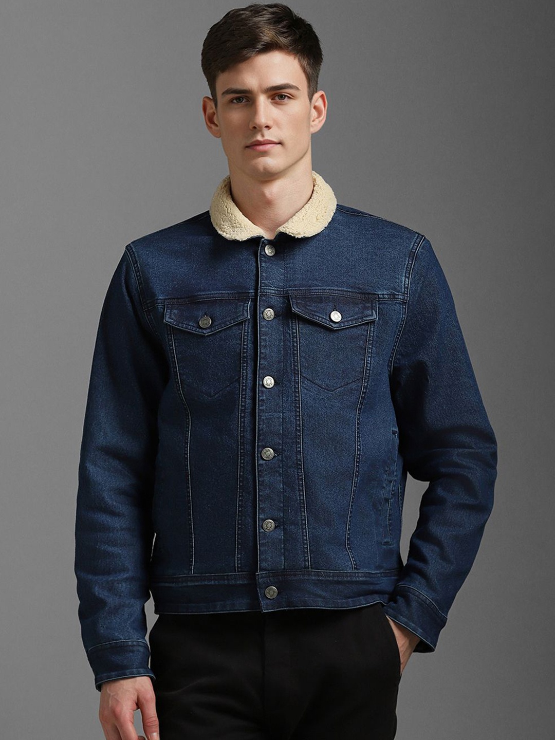 

Louis Philippe Jeans Men Spread Collar Solid Cotton Casual Denim Jacket, Navy blue