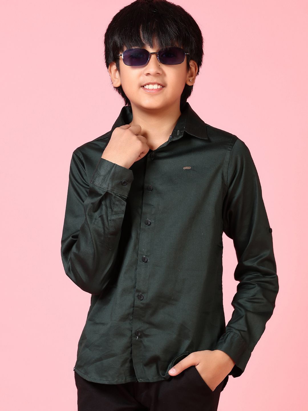 

V-Mart Boys Spread Collar Solid Satin Casual Shirt, Olive