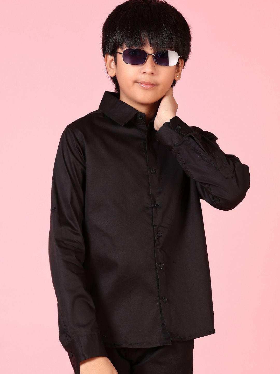 

V-Mart Boys Spread Collar Solid Satin Casual Shirt, Black