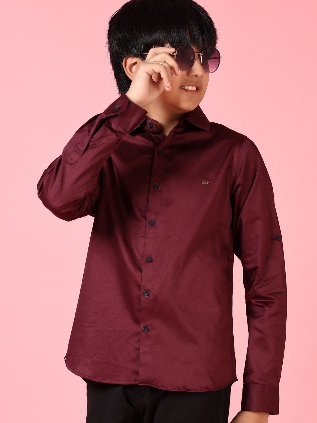 

V-Mart Boys Spread Collar Solid Satin Casual Shirt, Maroon