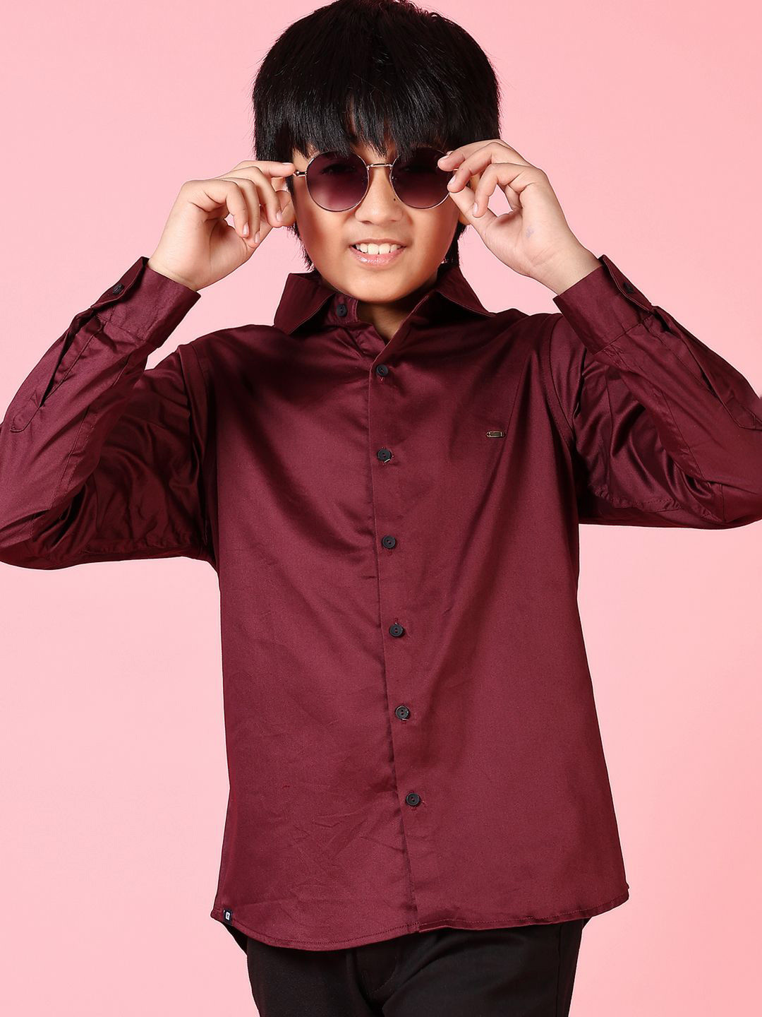 

V-Mart Boys Spread Collar Solid Satin Casual Shirt, Maroon