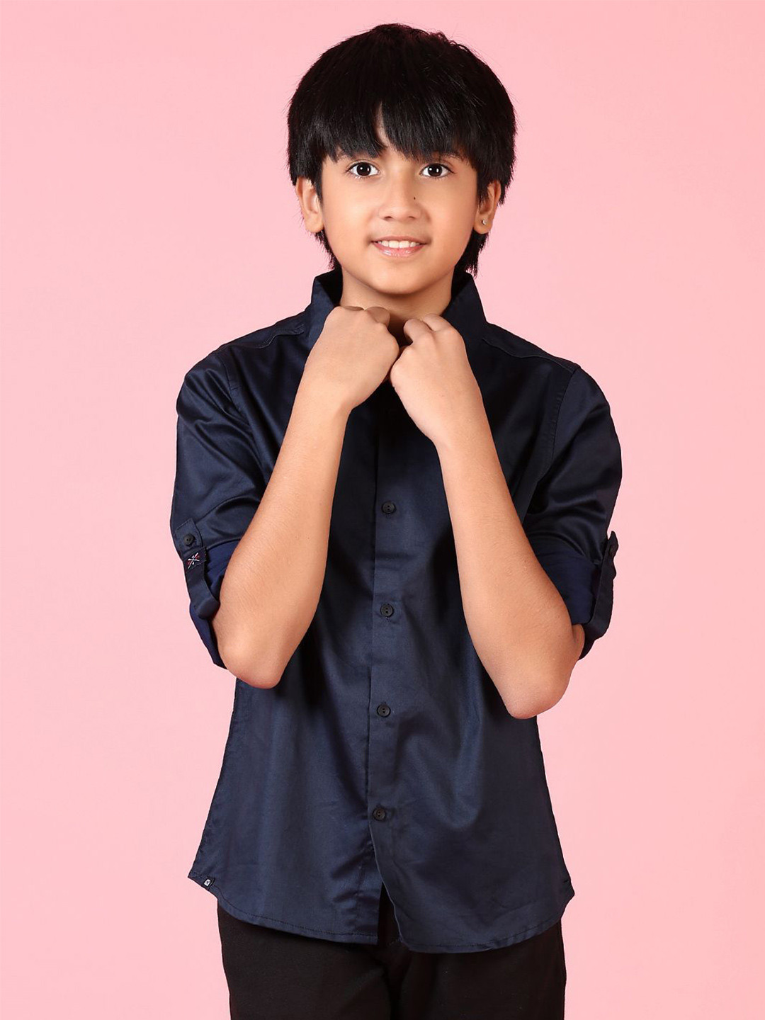 

V-Mart Boys Spread Collar Solid Satin Party Shirt, Navy blue