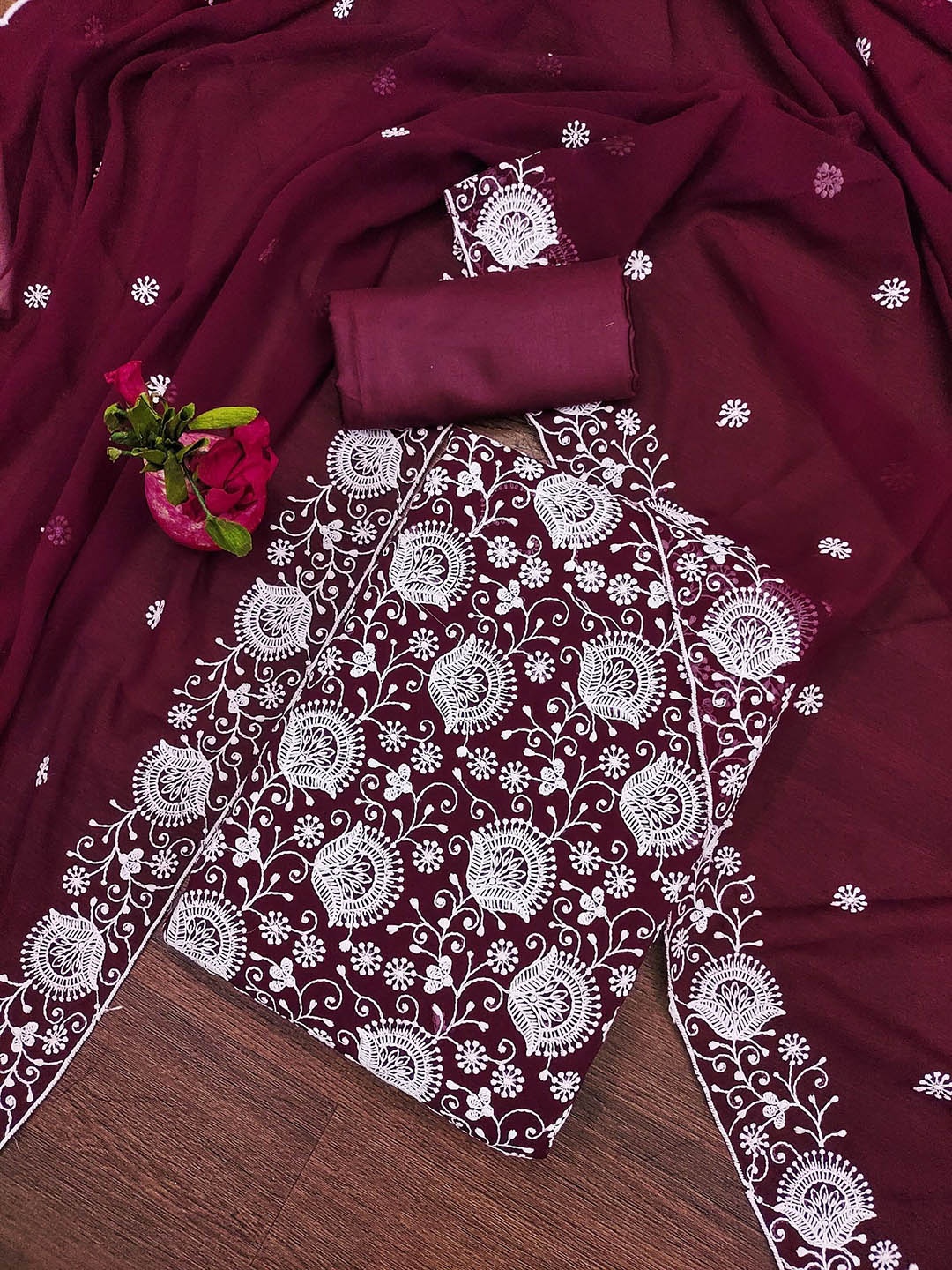 

LeeliPeeri Designer Floral Embroidered Unstitched Dress Material, Maroon