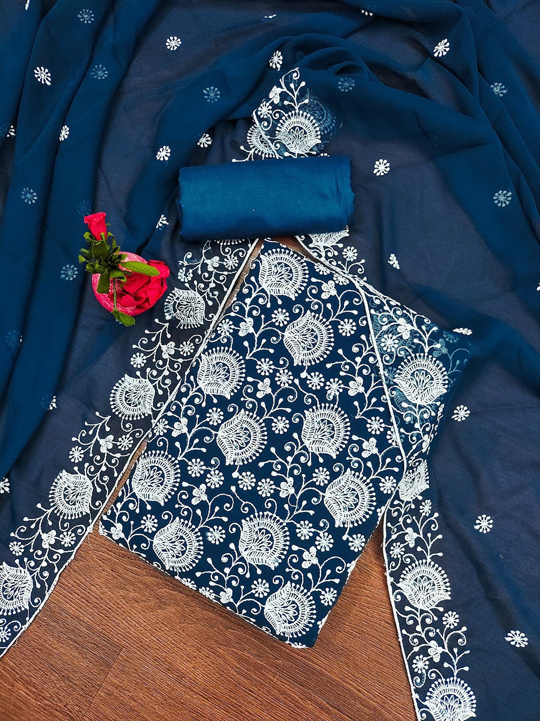 

LeeliPeeri Designer Floral Embroidered Unstitched Dress Material, Navy blue
