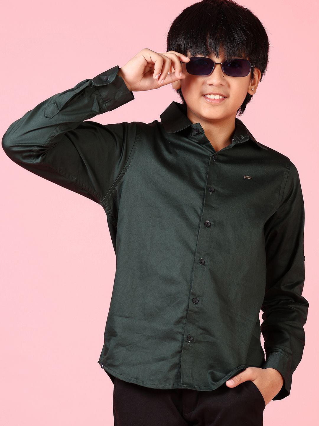 

V-Mart Boys Spread Collar Solid Satin Casual Shirt, Olive