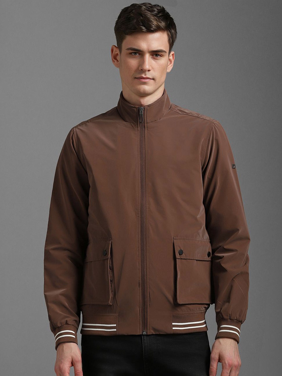 

Louis Philippe Sport Men Solid Mock Collar Cotton Bomber Jacket, Brown