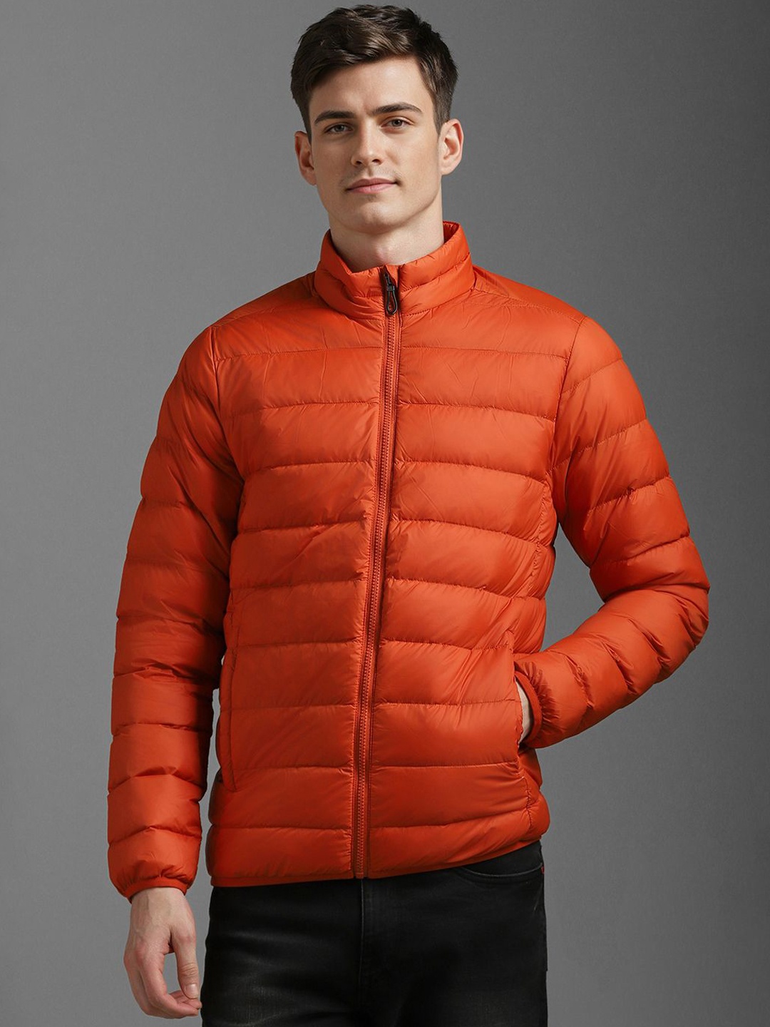 

Louis Philippe Sport Men Solid Mock Collar Padded Jacket, Orange