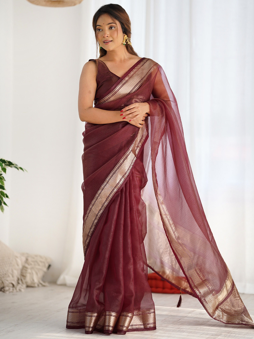 

Ethnic Yard Organza Chanderi Saree, Maroon