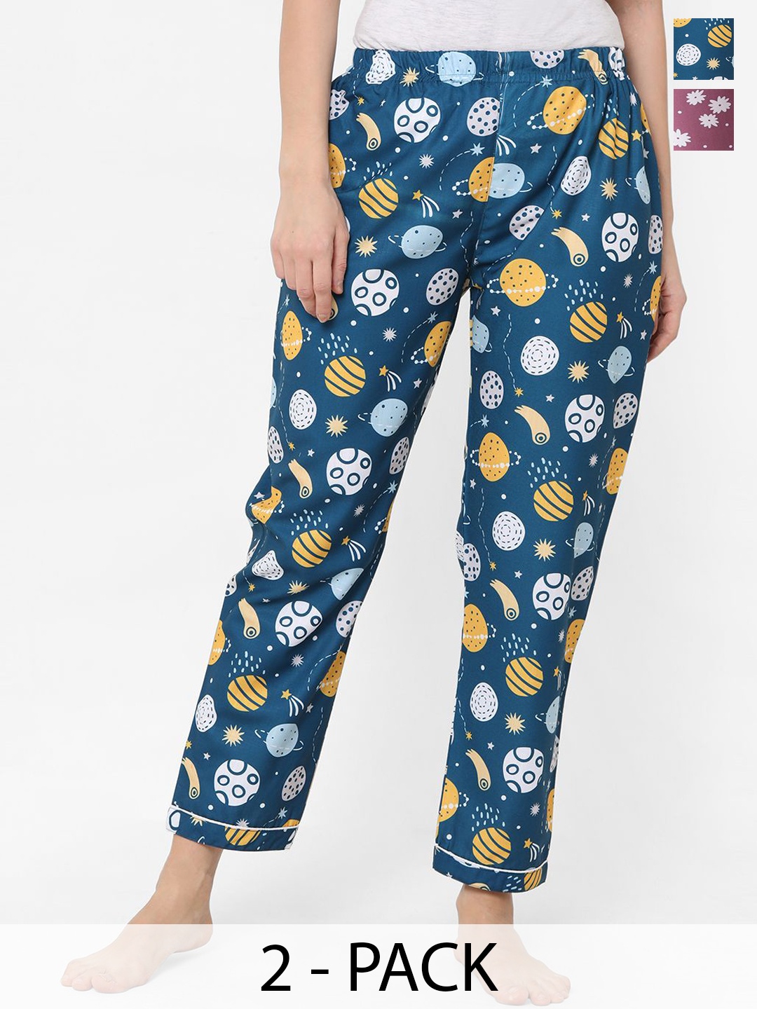 

NOIRA Women Pack Of 2 Printed Mid Rise Lounge Pants, Blue