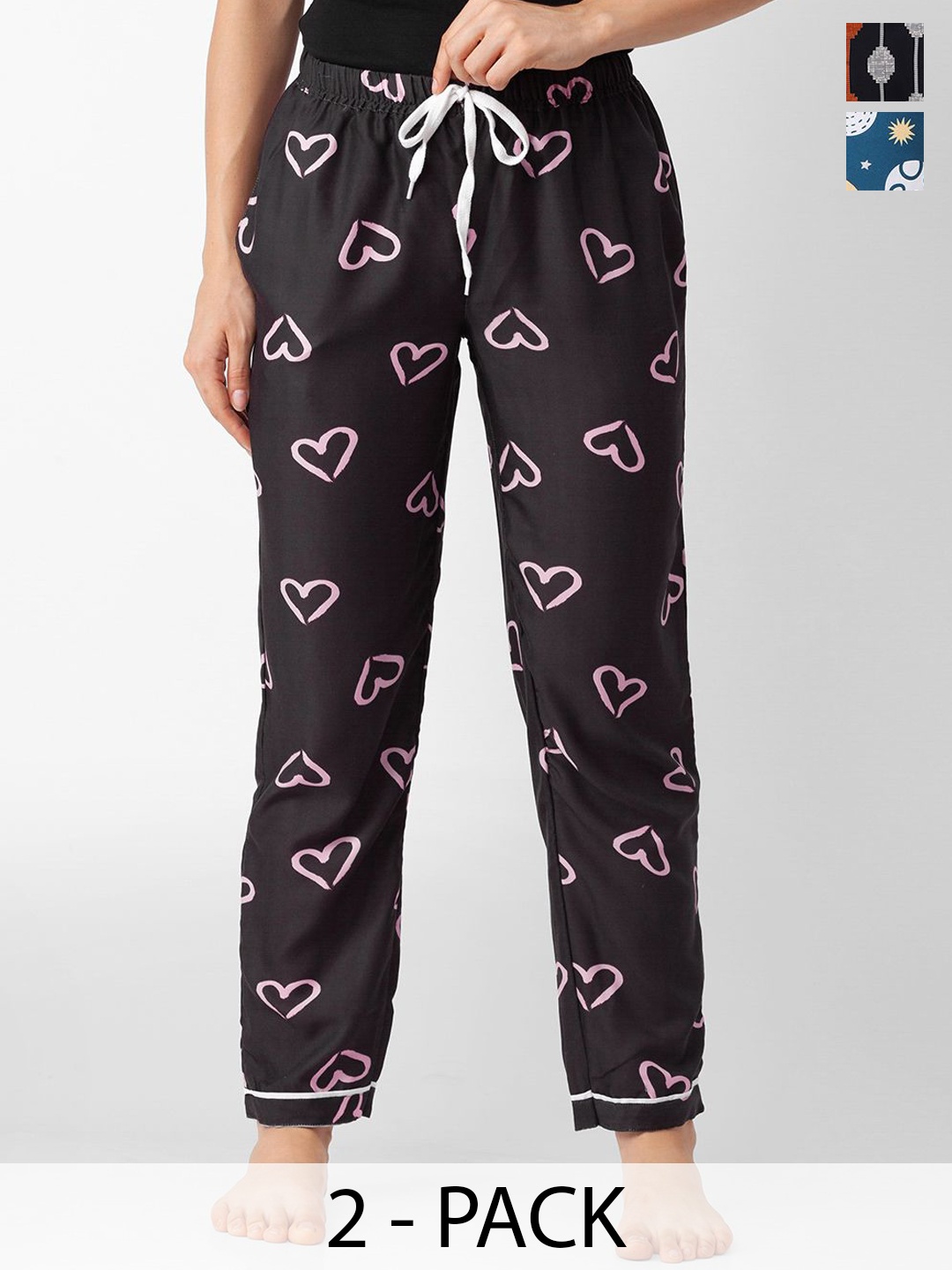 

NOIRA Women Pack Of 2 Printed Mid Rise Lounge Pants, Black