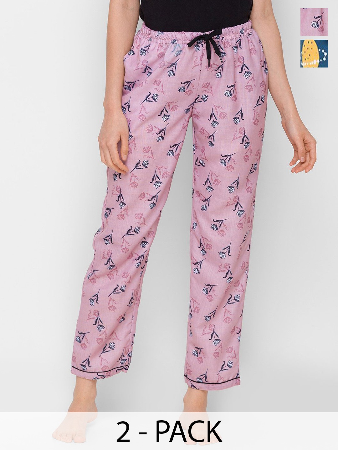 

NOIRA Women Pack Of 2 Floral Printed Straight Lounge Pants, Pink